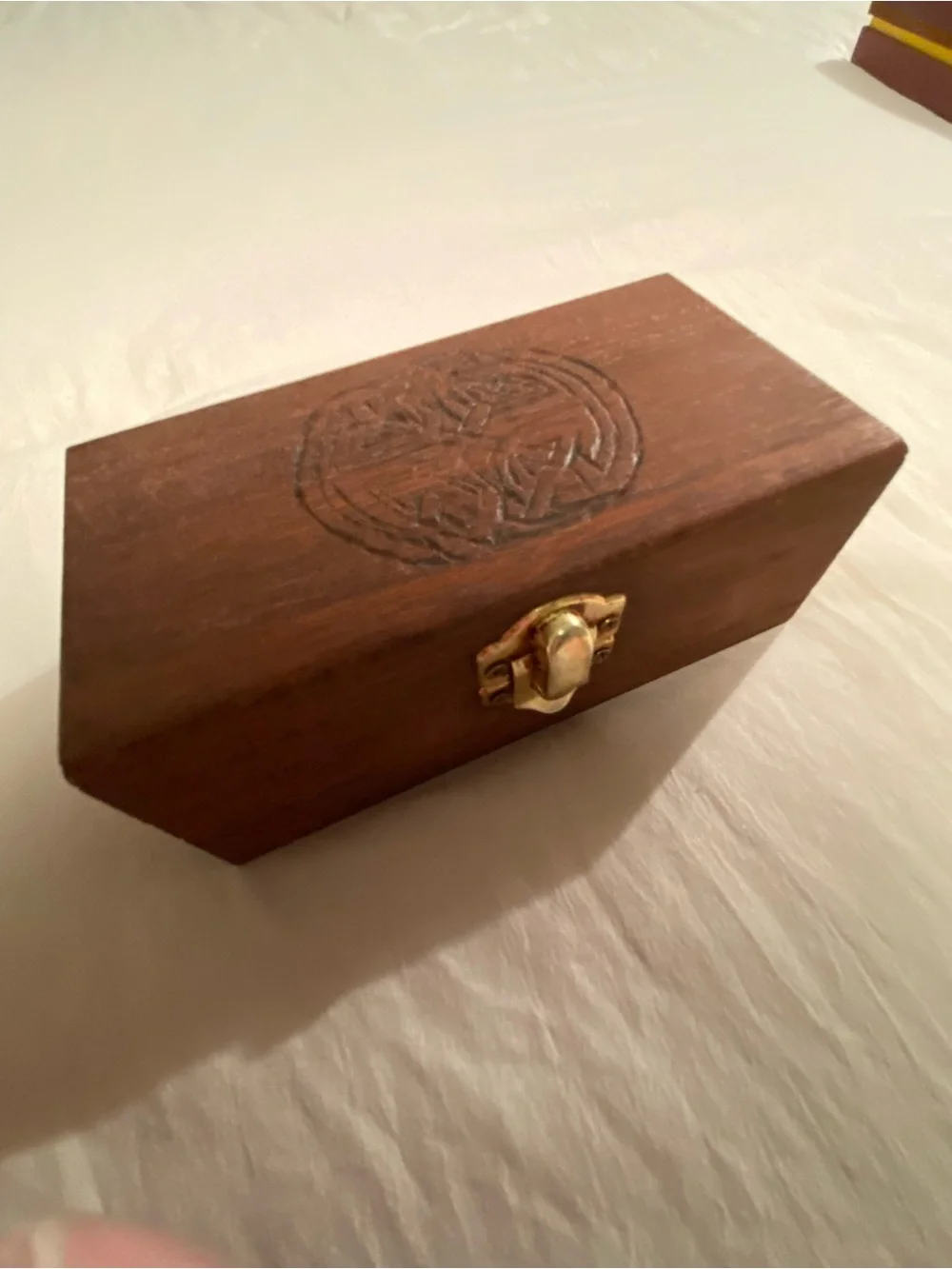 Wooden Celtic Carved Jewelry Box with Brass Latch - Brown